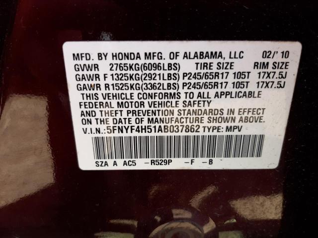 Photo 10 from auction – 2010 HONDA PILOT EXL with VIN 5FNYF4H51AB037862