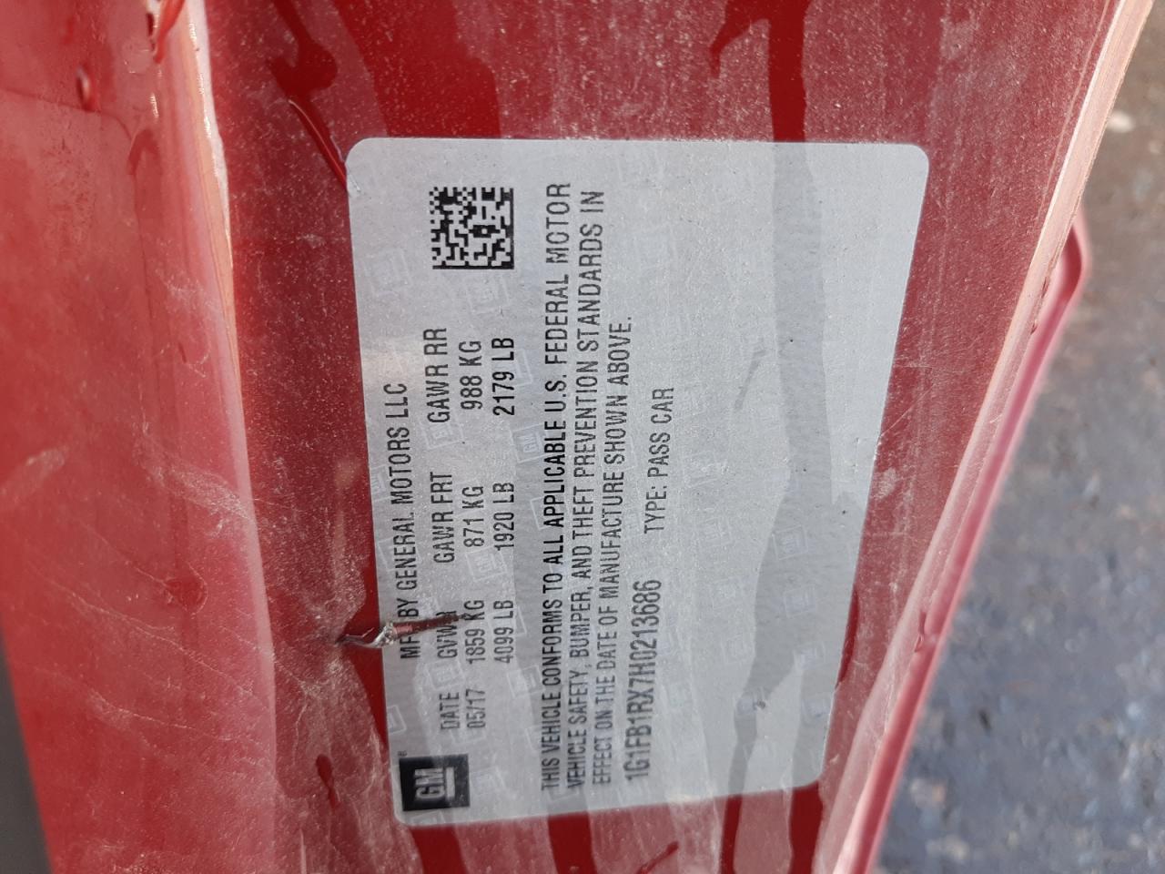 Photo 10 from auction – 2017 CHEVROLET CAMARO LT with VIN 1G1FB1RX7H0213686