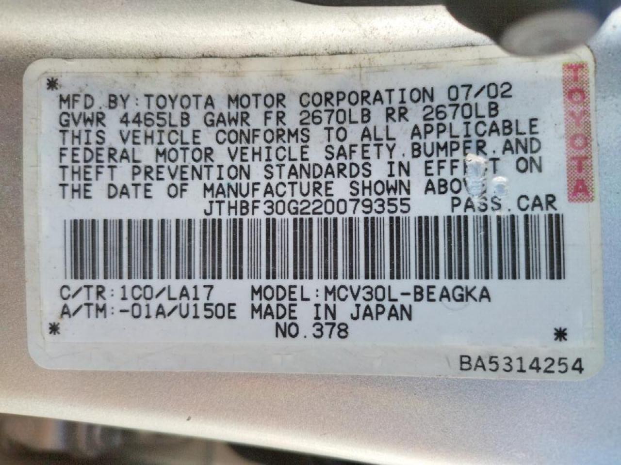Photo 10 from auction – 2002 LEXUS ES 300 with VIN JTHBF30G220079355