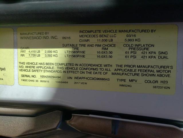 Photo 10 from auction – 2016 MERCEDES-BENZ SPRINTER with VIN WDAPF4CC0G9668643