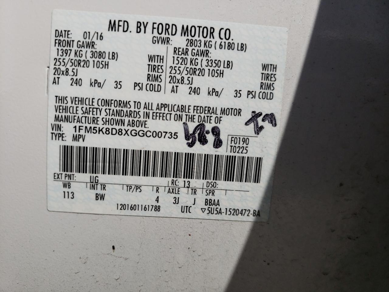 Photo 10 from auction – 2016 FORD EXPLORER X with VIN 1FM5K8D8XGGC00735
