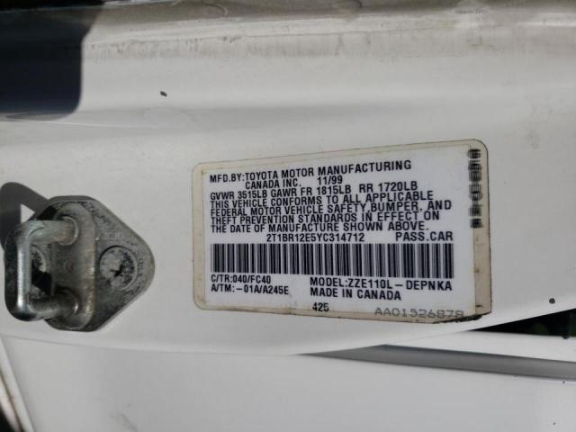 Photo 10 from auction – 2000 TOYOTA COROLLA VE with VIN 2T1BR12E5YC314712