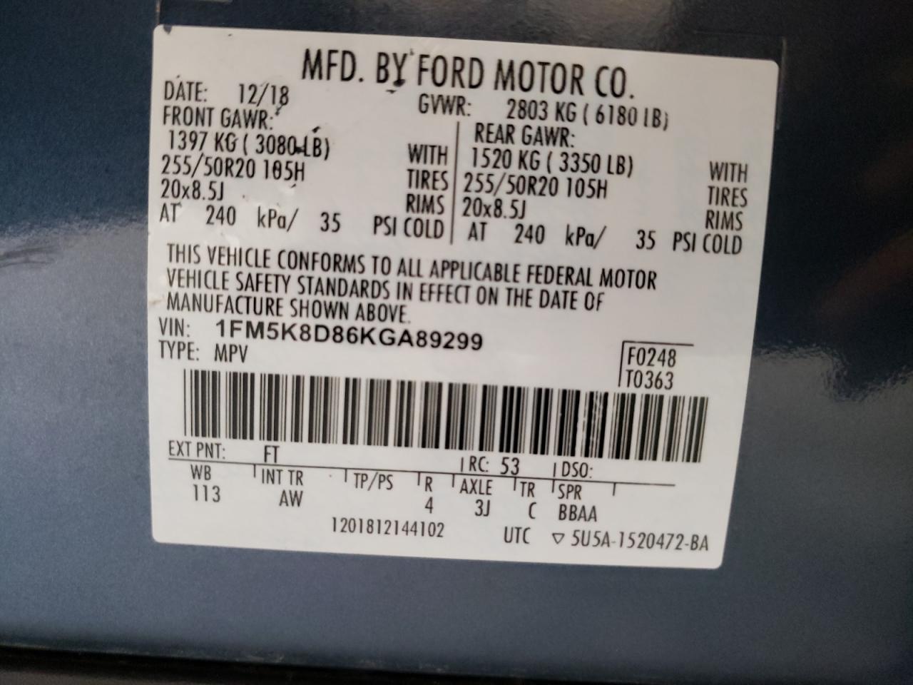 Foto 10 de la subasta – 2019 FORD EXPLORER X con VIN 1FM5K8D86KGA89299