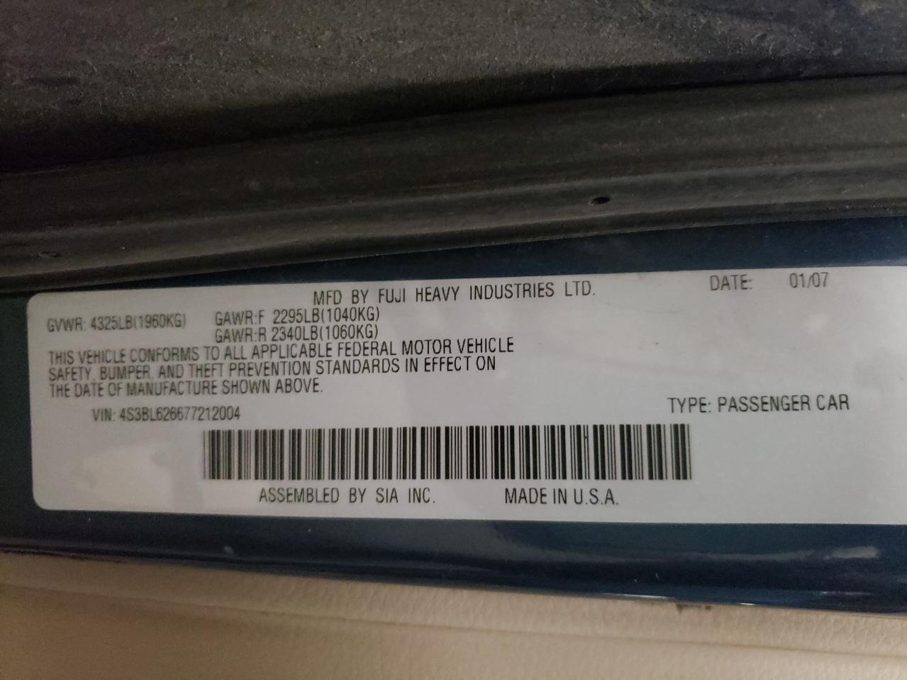 Photo 11 from auction – 2007 SUBARU LEGACY 2.5 with VIN 4S3BL626677212004