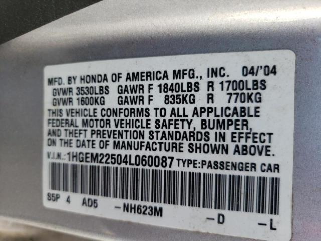 Photo 10 from auction – 2004 HONDA CIVIC LX with VIN 1HGEM22504L060087