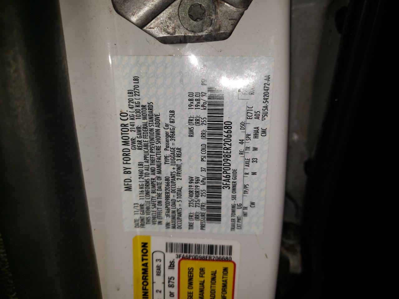 Photo 10 from auction – 2014 FORD FUSION TIT with VIN 3FA6P0D98ER206680