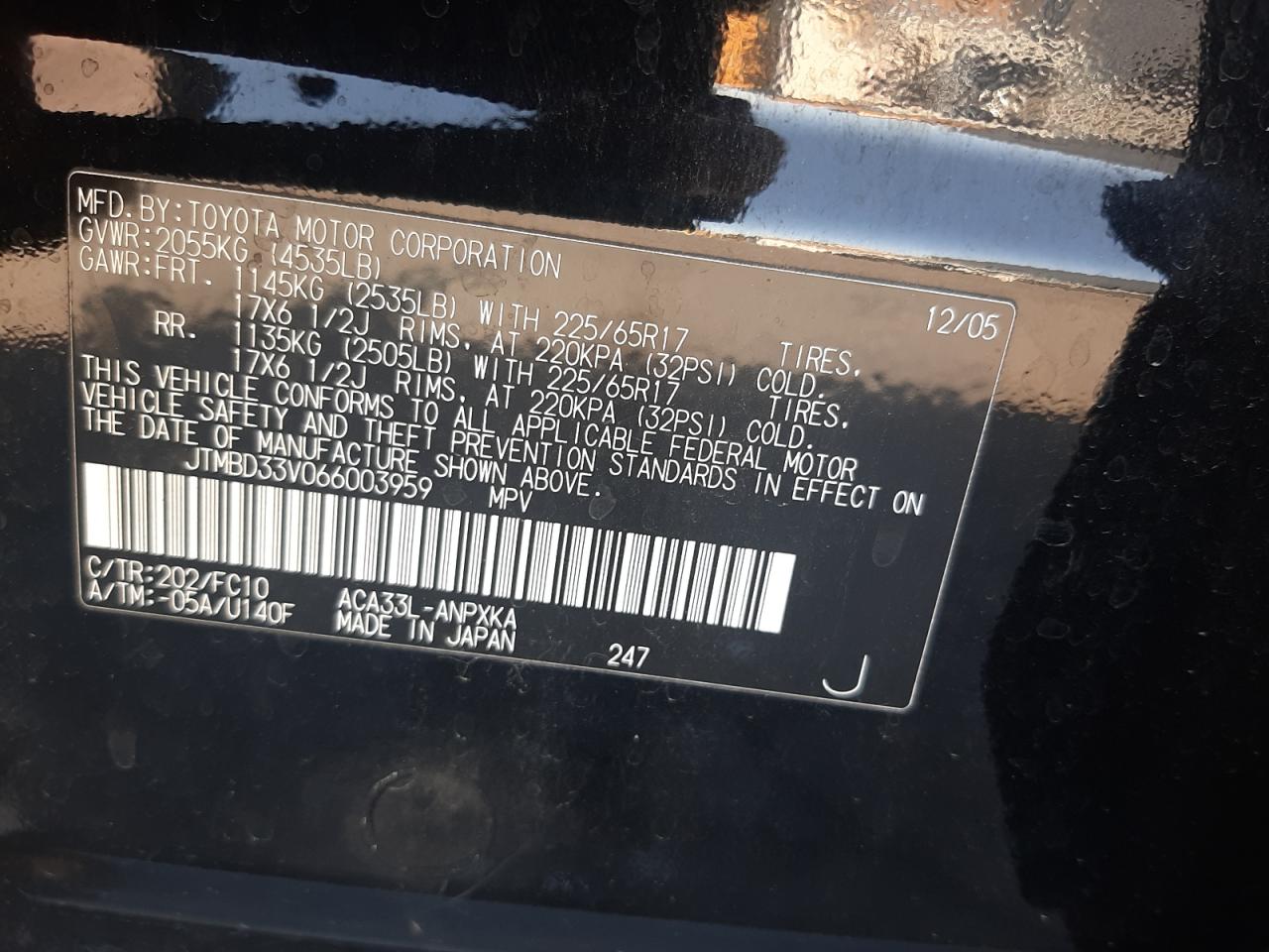 Photo 10 from auction – 2006 TOYOTA RAV4 with VIN JTMBD33V066003959