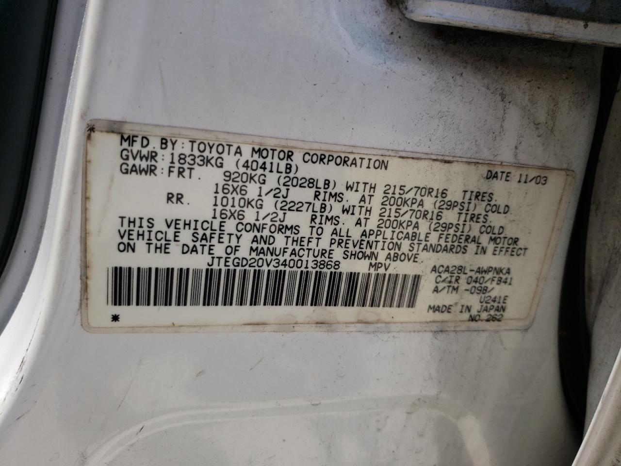 Photo 10 from auction – 2004 TOYOTA RAV4 with VIN JTEGD20V340013868