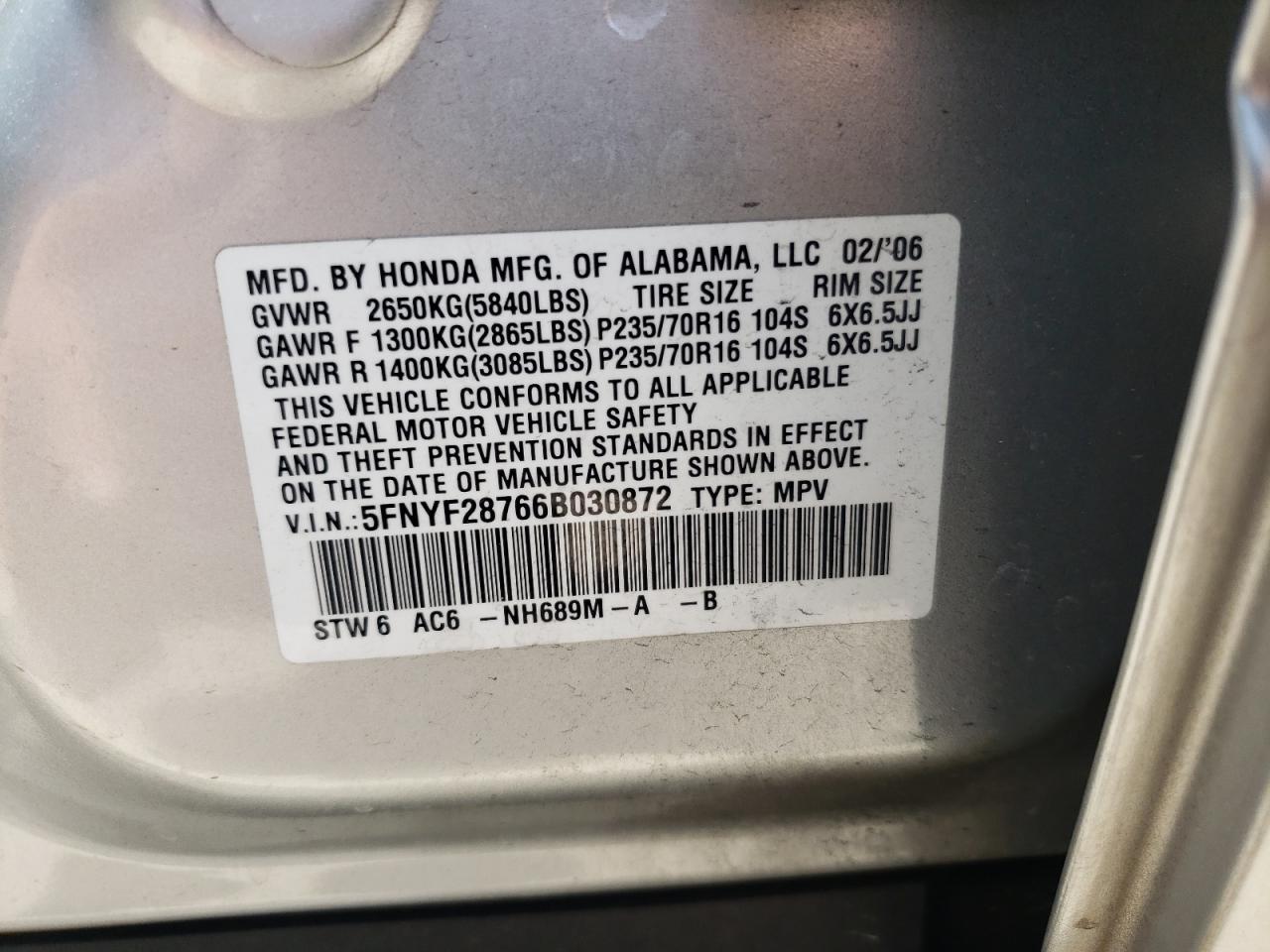 Photo 10 from auction – 2006 HONDA PILOT EX with VIN 5FNYF28766B030872