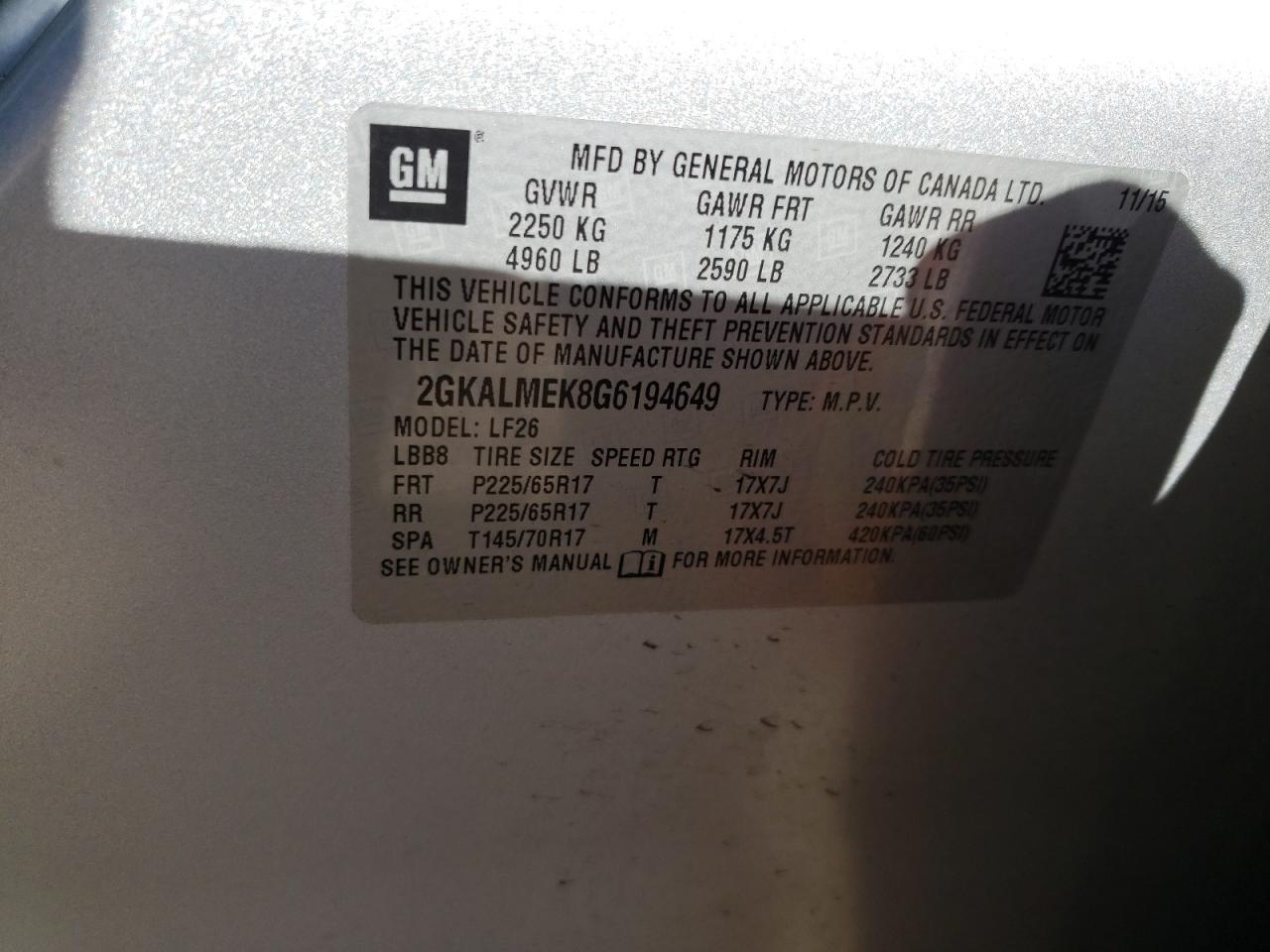 Photo 10 from auction – 2016 GMC TERRAIN SL with VIN 2GKALMEK8G6194649