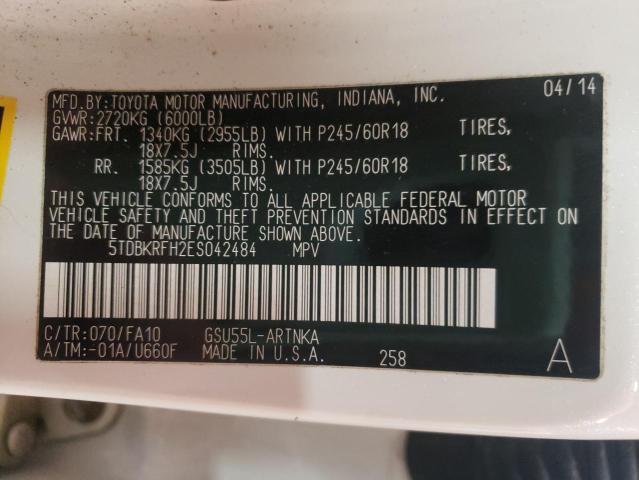 Photo 10 from auction – 2014 TOYOTA HIGHLANDER with VIN 5TDBKRFH2ES042484