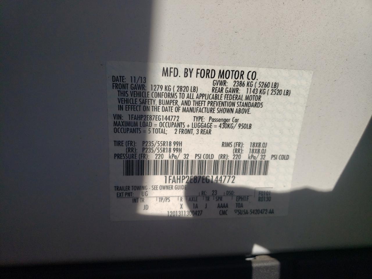 Photo 10 from auction – 2014 FORD TAURUS SEL with VIN 1FAHP2E87EG144772