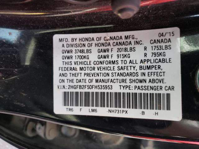 Photo 10 from auction – 2015 HONDA CIVIC LX with VIN 2HGFB2F50FH535953