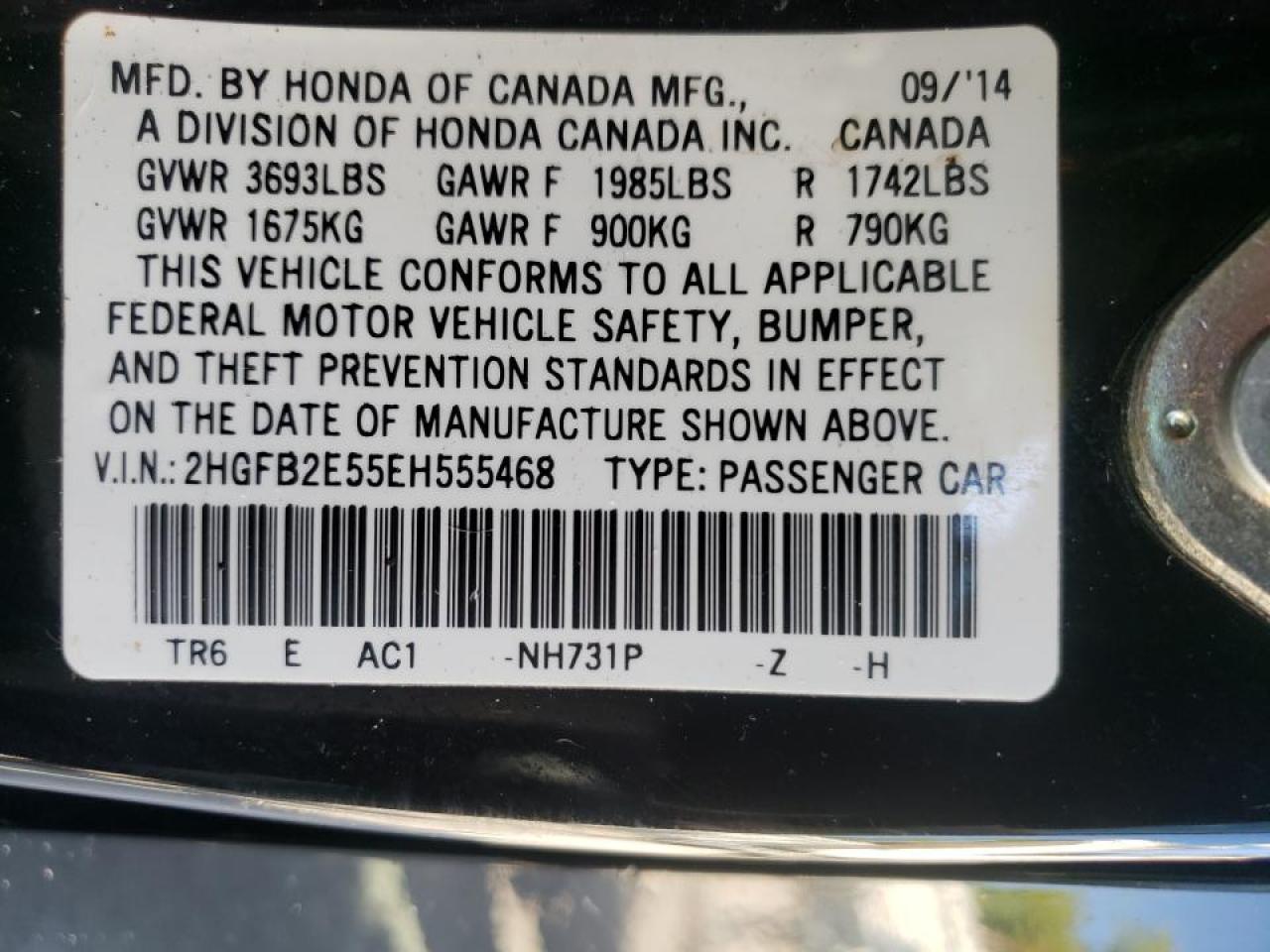 Photo 10 from auction – 2014 HONDA CIVIC LX with VIN 2HGFB2E55EH555468
