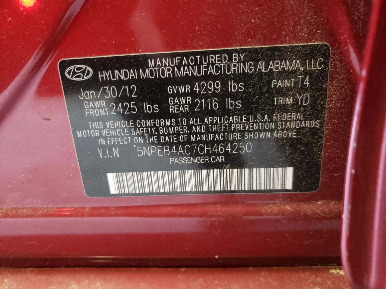 Photo 10 from auction – 2012 HYUNDAI SONATA GLS with VIN 5NPEB4AC7CH464250