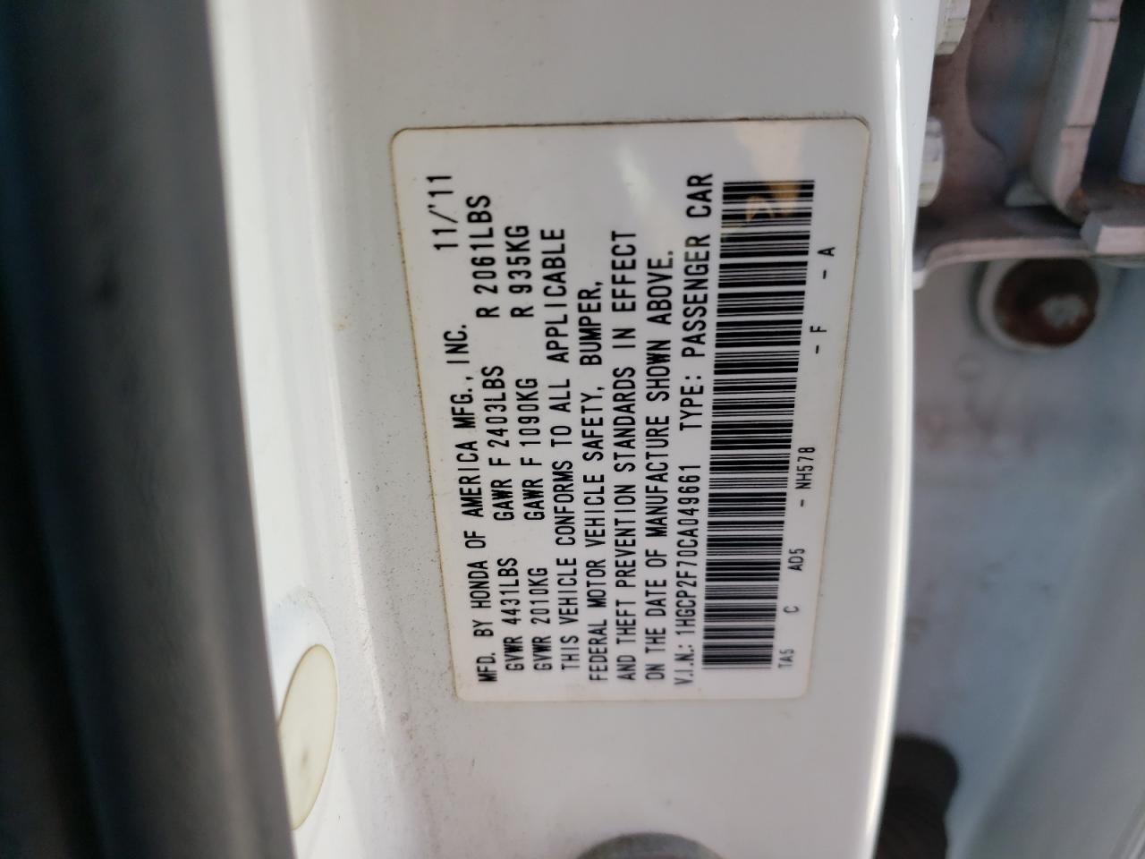 Photo 10 from auction – 2012 HONDA ACCORD EX with VIN 1HGCP2F70CA049661