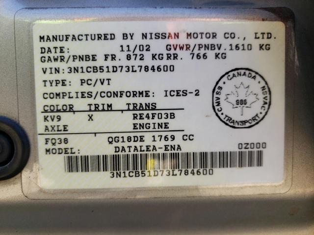 Photo 10 from auction – 2003 NISSAN SENTRA XE with VIN 3N1CB51D73L784600