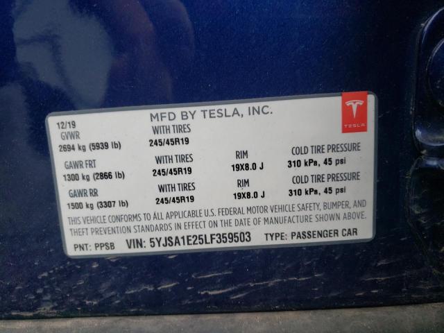 Photo 10 from auction – 2020 TESLA MODEL S with VIN 5YJSA1E25LF359503