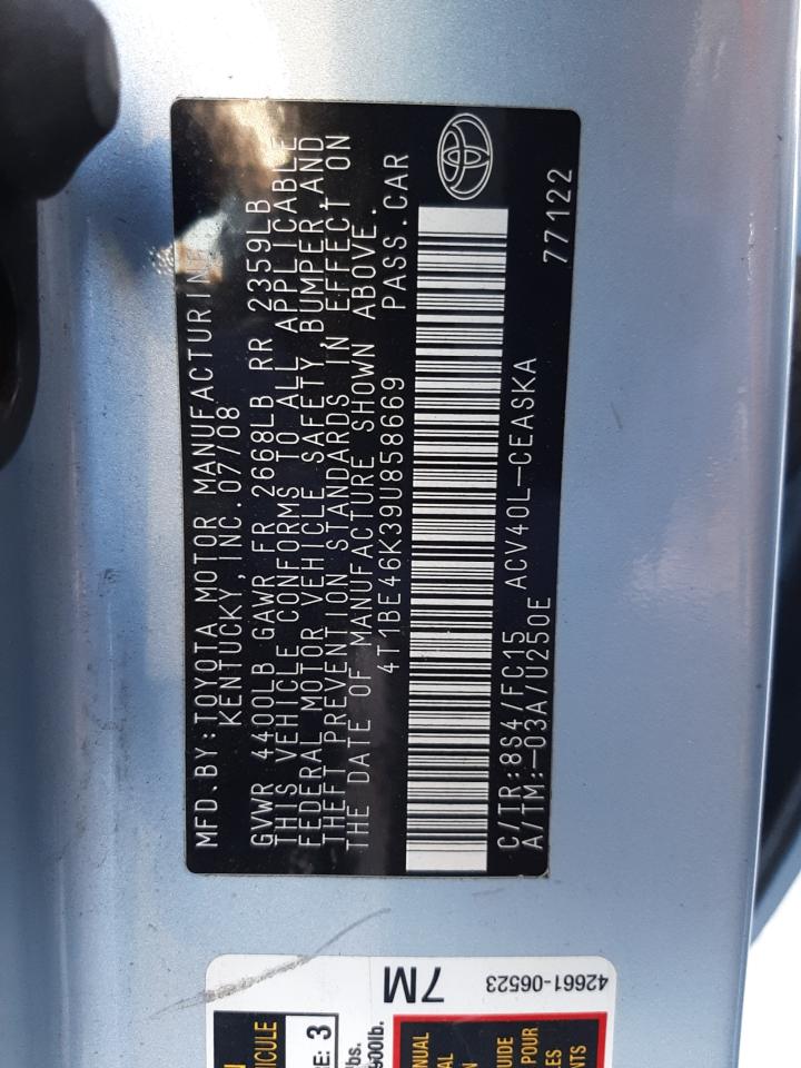 Photo 10 from auction – 2009 TOYOTA CAMRY BASE with VIN 4T1BE46K39U858669