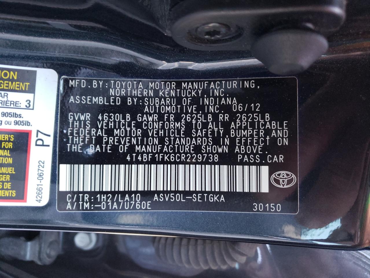 Photo 10 from auction – 2012 TOYOTA CAMRY BASE with VIN 4T4BF1FK6CR229738