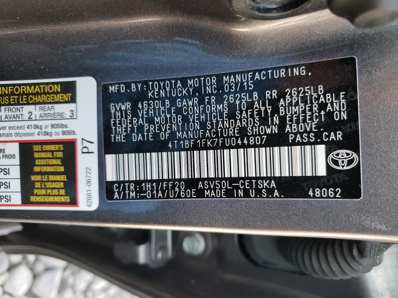 Photo 10 from auction – 2015 TOYOTA CAMRY LE with VIN 4T1BF1FK7FU044807