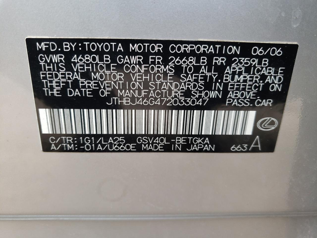 Photo 10 from auction – 2007 LEXUS ES 350 with VIN JTHBJ46G472033047