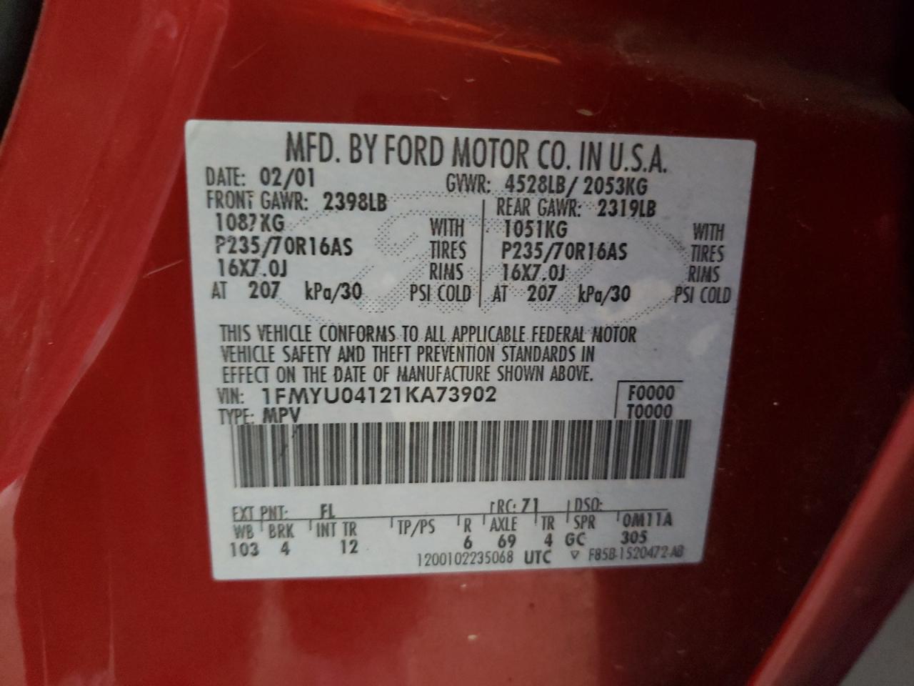 Photo 10 from auction – 2001 FORD ESCAPE XLT with VIN 1FMYU04121KA73902