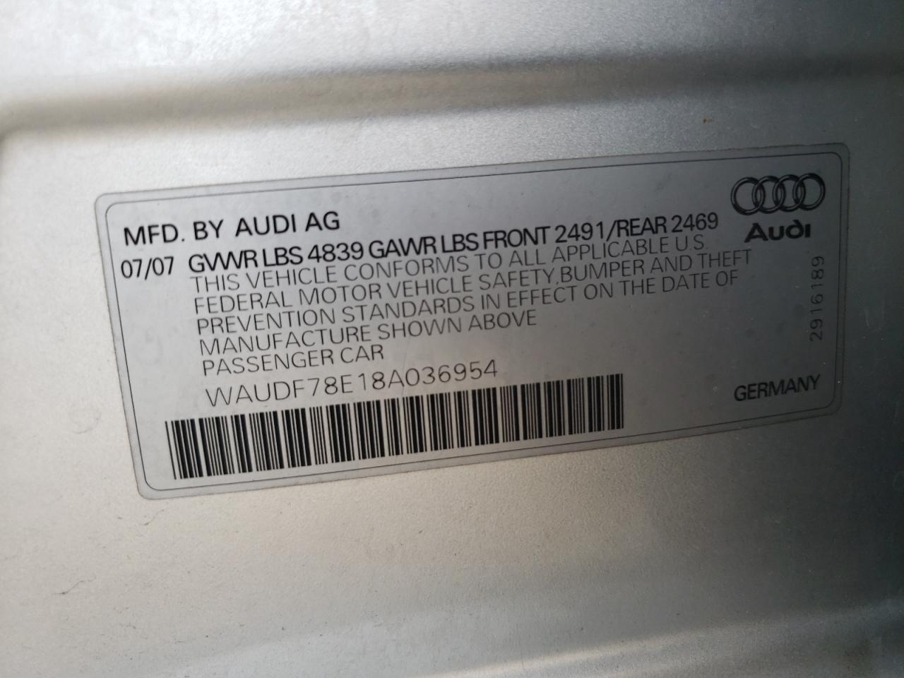 Photo 10 from auction – 2008 AUDI A4 2.0T QU with VIN WAUDF78E18A036954