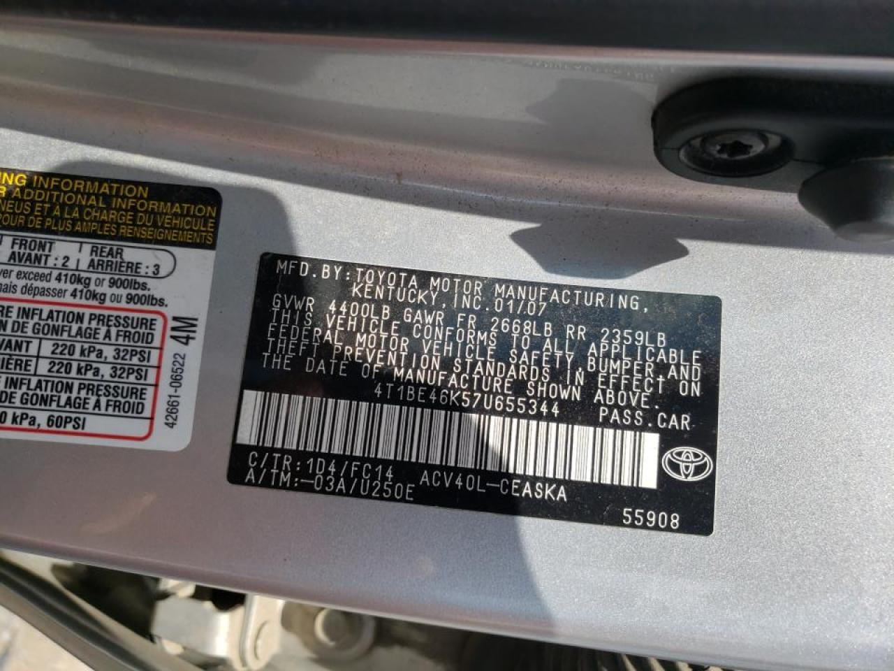 Photo 10 from auction – 2007 TOYOTA CAMRY CE with VIN 4T1BE46K57U655344