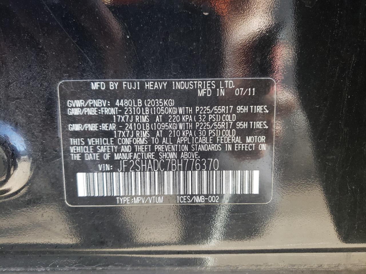 Photo 10 from auction – 2011 SUBARU FORESTER 2 with VIN JF2SHADC7BH776370