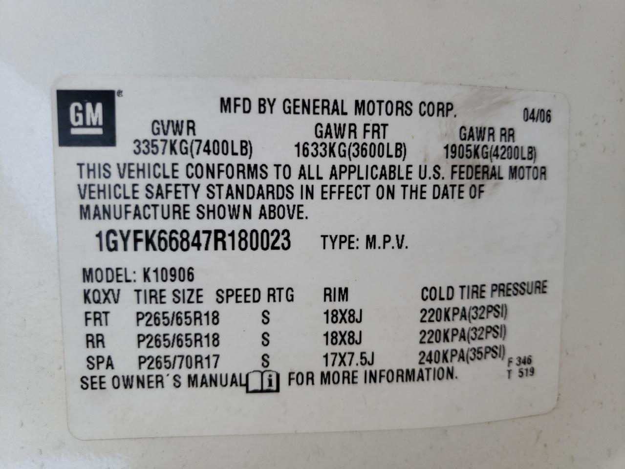 Photo 10 from auction – 2007 CADILLAC ESCALADE E with VIN 1GYFK66847R180023