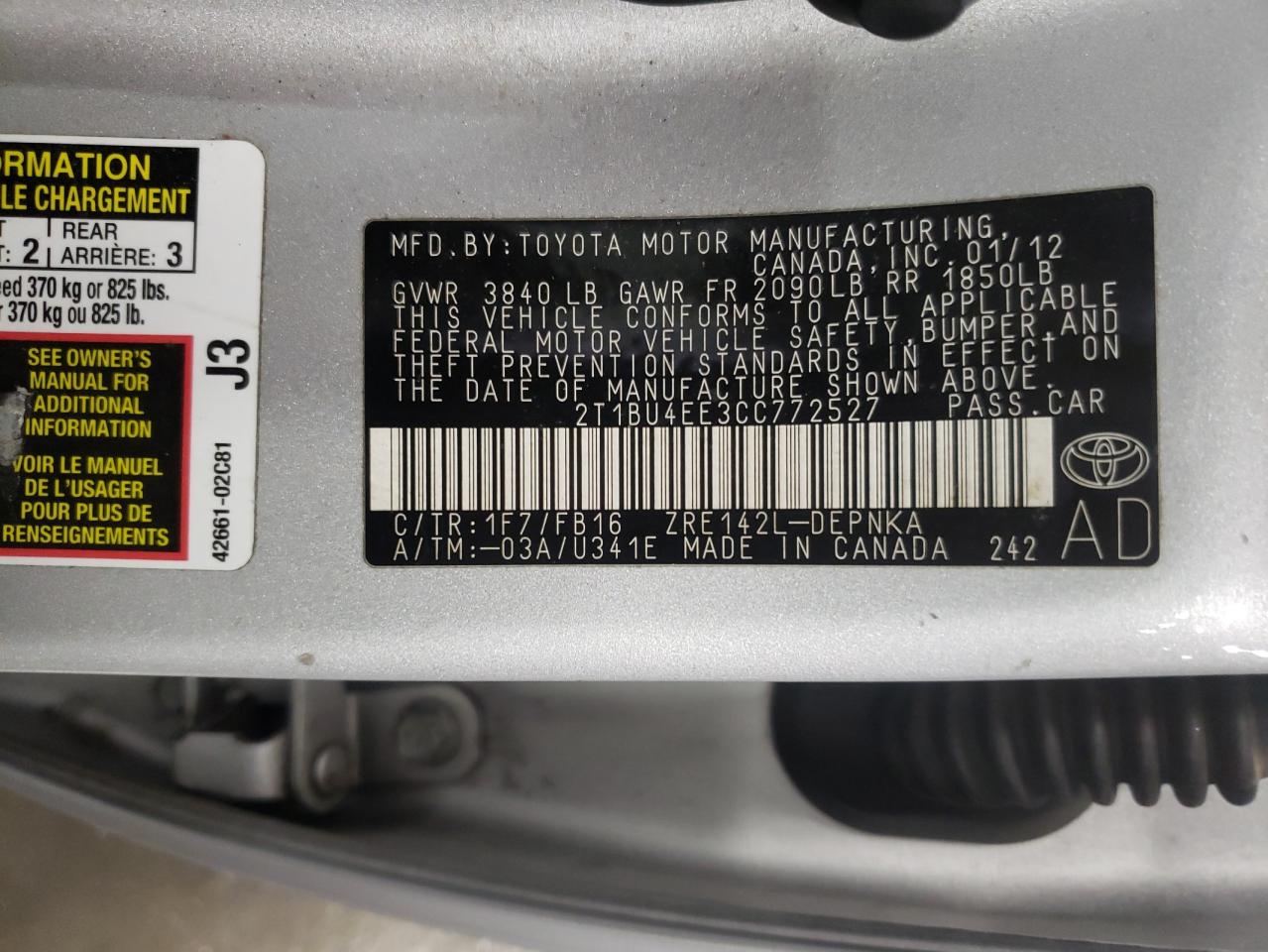 Photo 10 from auction – 2012 TOYOTA COROLLA BA with VIN 2T1BU4EE3CC772527