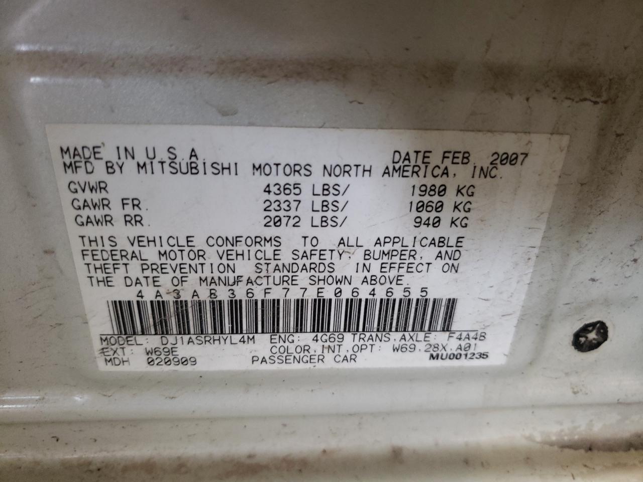 Photo 10 from auction – 2007 MITSUBISHI GALANT ES with VIN 4A3AB36F77E064655