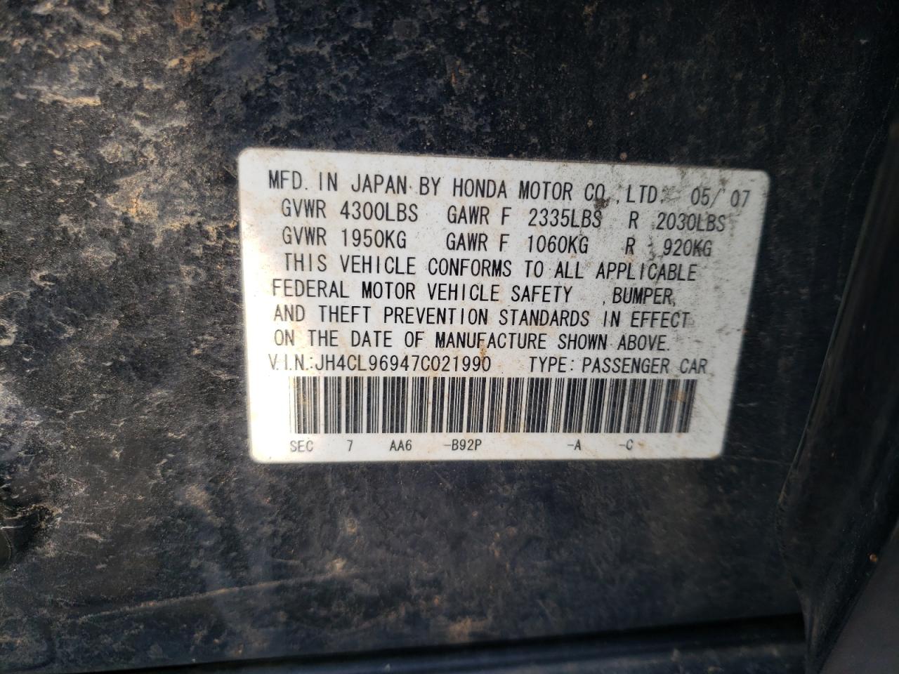 Photo 10 from auction – 2007 ACURA TSX with VIN JH4CL96947C021990
