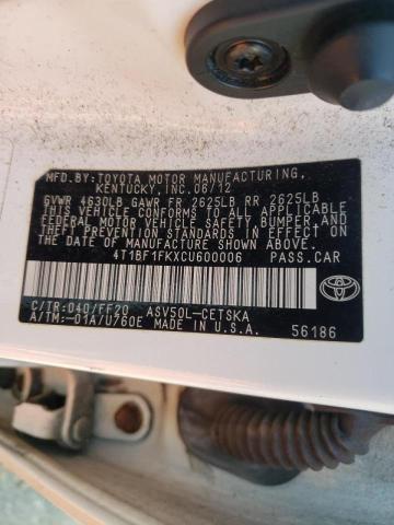 Photo 10 from auction – 2012 TOYOTA CAMRY BASE with VIN 4T1BF1FKXCU600006