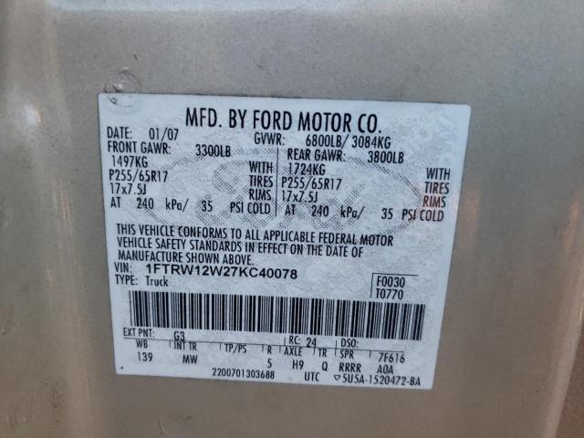 Photo 10 from auction – 2007 FORD F150 SUPER with VIN 1FTRW12W27KC40078