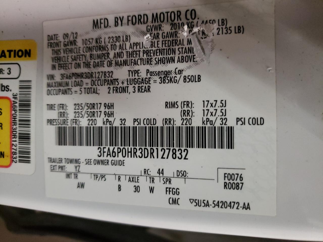 Photo 10 from auction – 2013 FORD FUSION SE with VIN 3FA6P0HR3DR127832