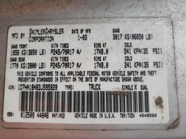 Photo 10 from auction – 2003 DODGE RAM 2500 S with VIN 3D7KA28D03G730912