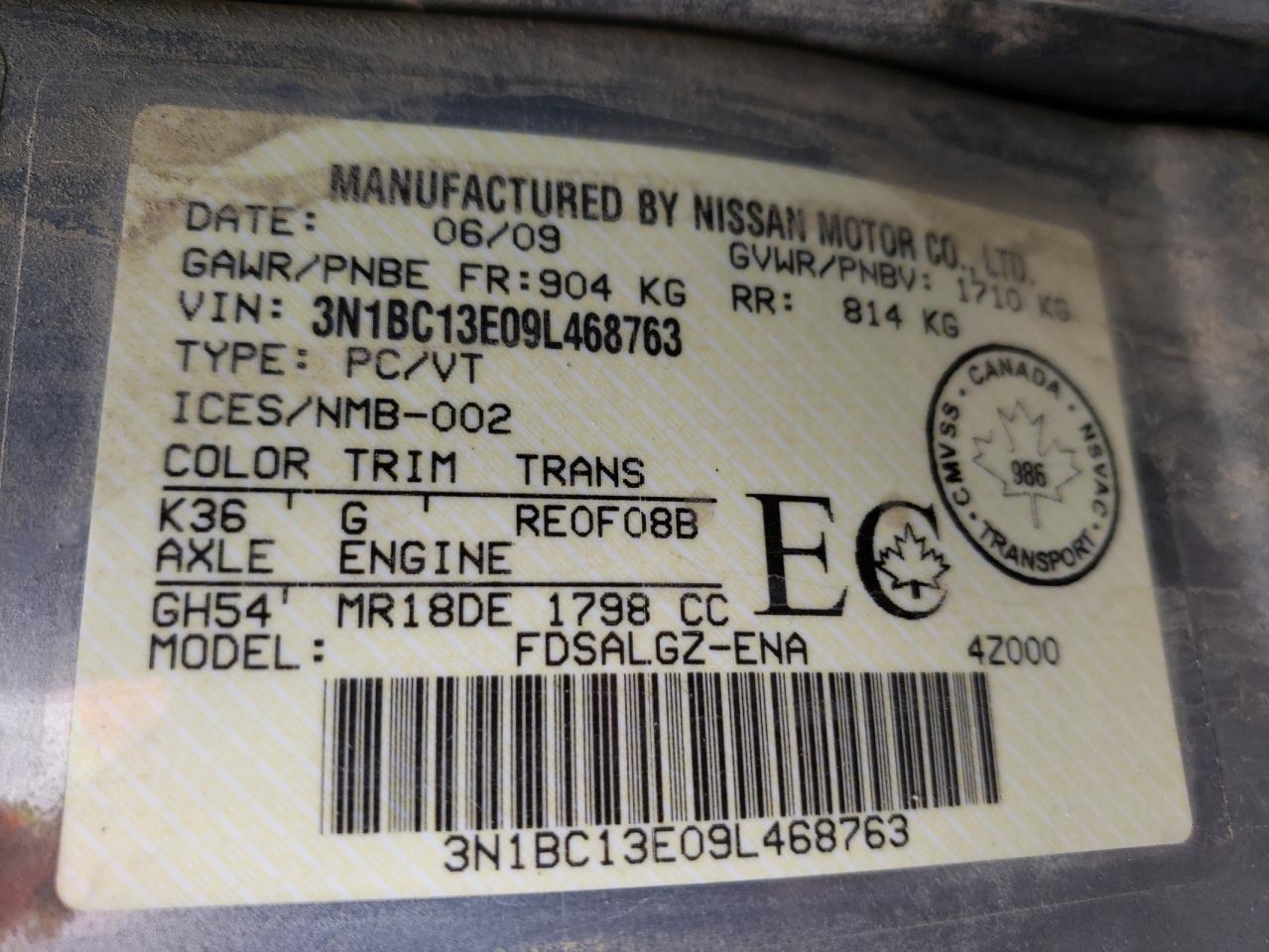 Photo 10 from auction – 2009 NISSAN VERSA S with VIN 3N1BC13E09L468763