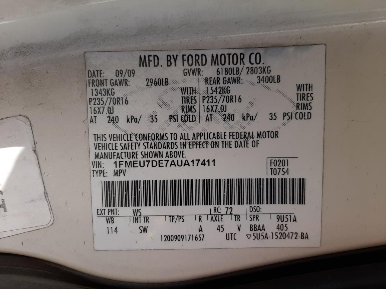 Photo 10 from auction – 2010 FORD EXPLORER X with VIN 1FMEU7DE7AUA17411