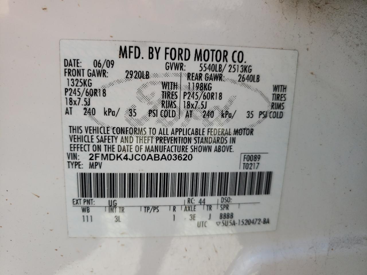 Photo 10 from auction – 2010 FORD EDGE SEL with VIN 2FMDK4JC0ABA03620