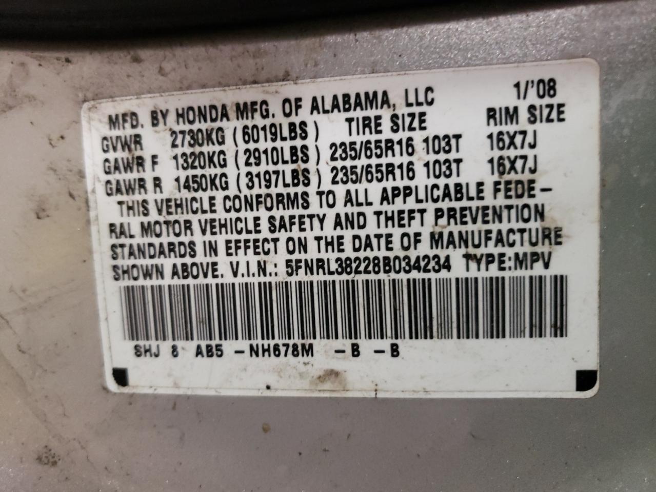Photo 10 from auction – 2008 HONDA ODYSSEY LX with VIN 5FNRL38228B034234