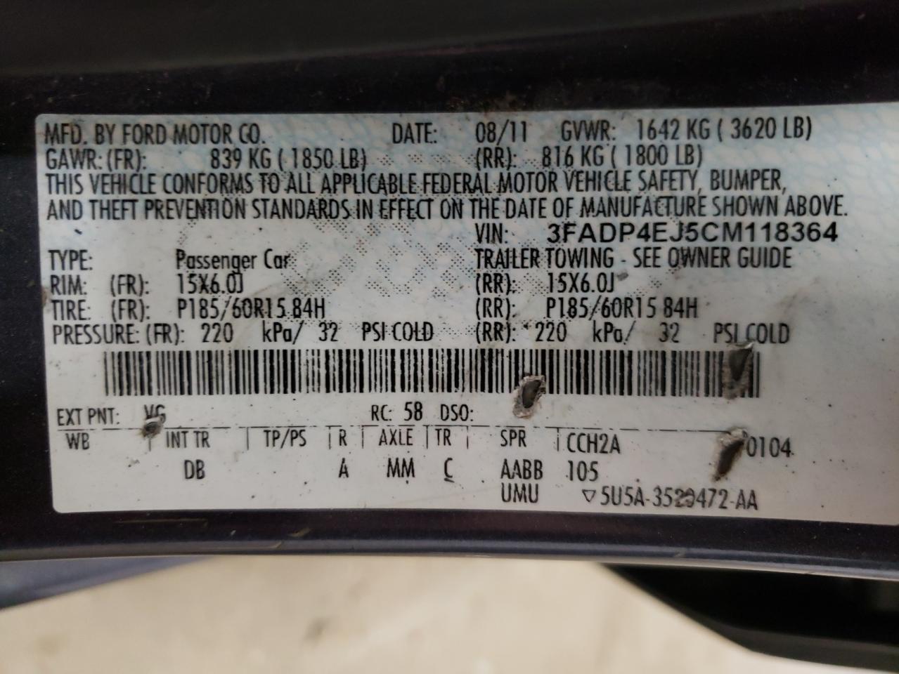 Photo 10 from auction – 2012 FORD FIESTA SE with VIN 3FADP4EJ5CM118364