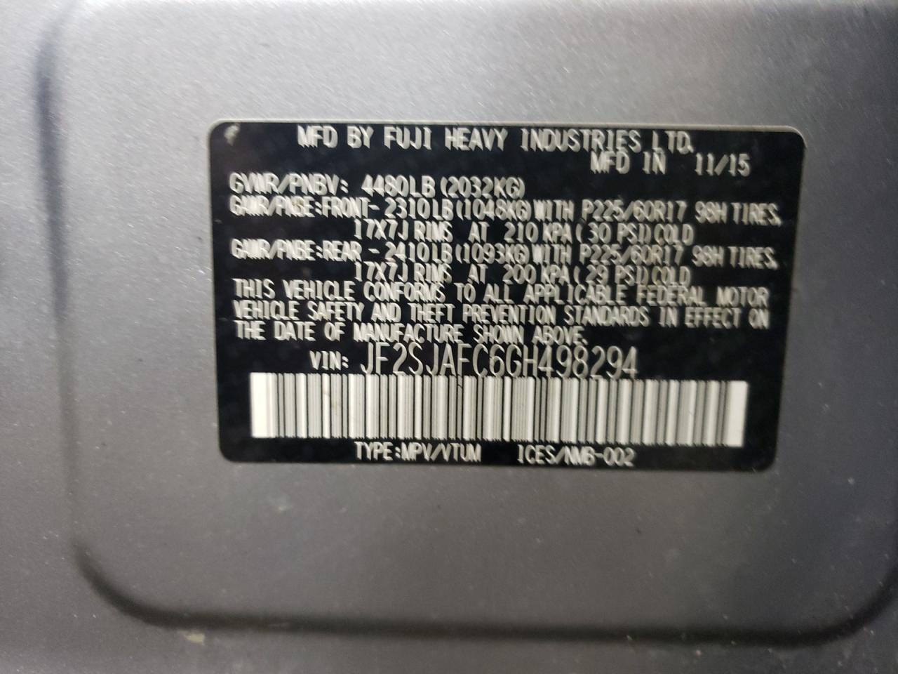 Photo 10 from auction – 2016 SUBARU FORESTER 2 with VIN JF2SJAFC6GH498294