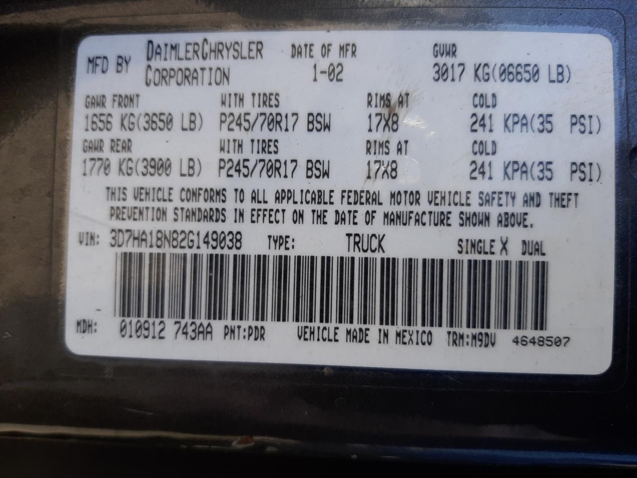 Photo 10 from auction – 2002 DODGE RAM 1500 with VIN 3D7HA18N82G149038