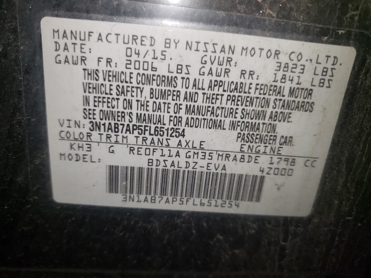 Photo 10 from auction – 2015 NISSAN SENTRA S with VIN 3N1AB7AP5FL651254