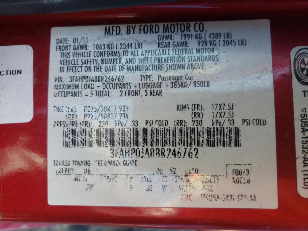 Photo 10 from auction – 2011 FORD FUSION SEL with VIN 3FAHP0JA8BR246762