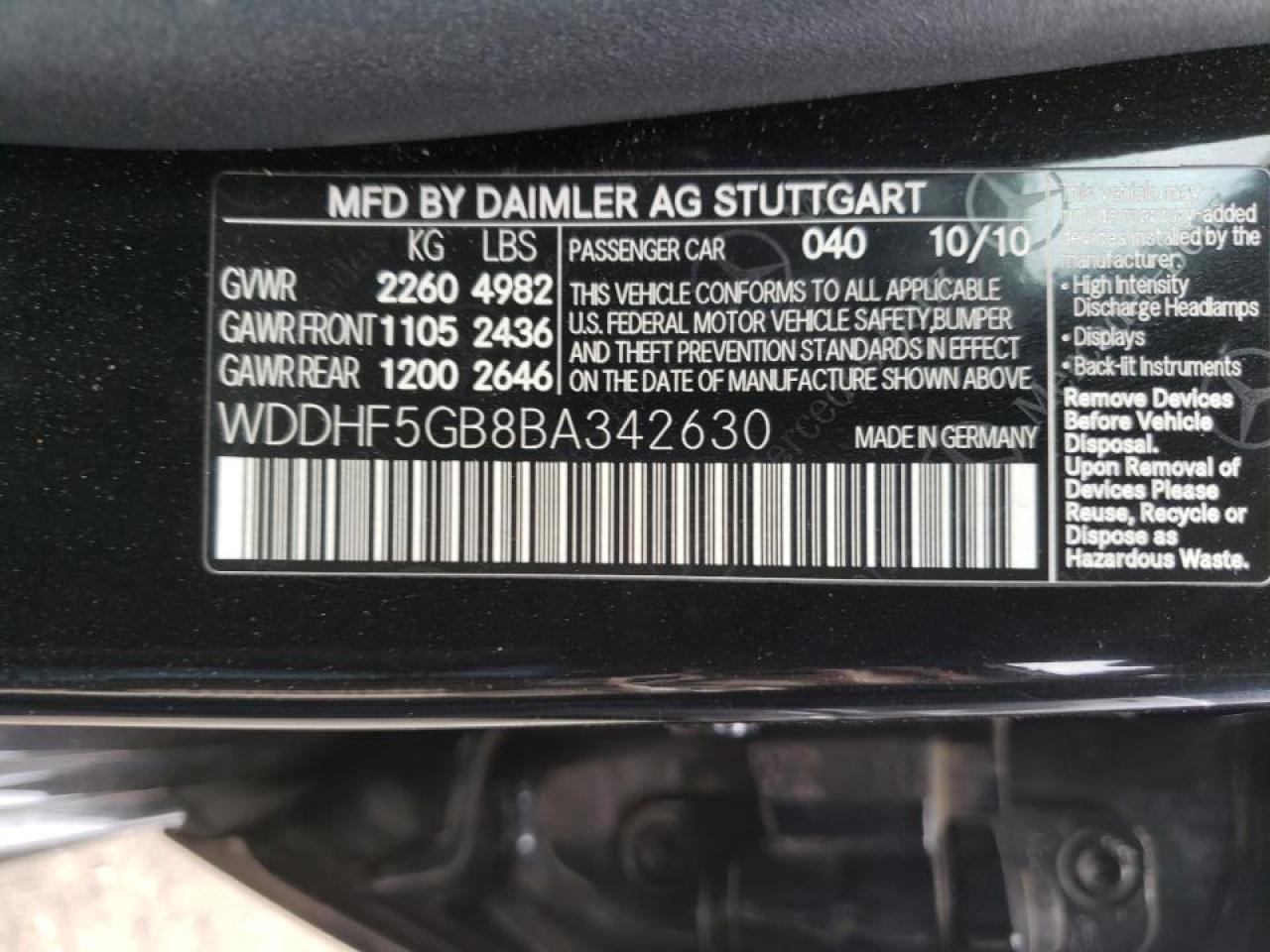 Photo 10 from auction – 2011 MERCEDES-BENZ E 350 with VIN WDDHF5GB8BA342630