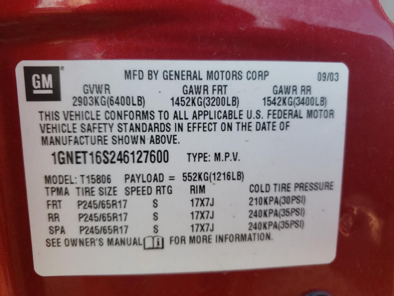 Photo 10 from auction – 2004 CHEVROLET TRAILBLAZE with VIN 1GNET16S246127600