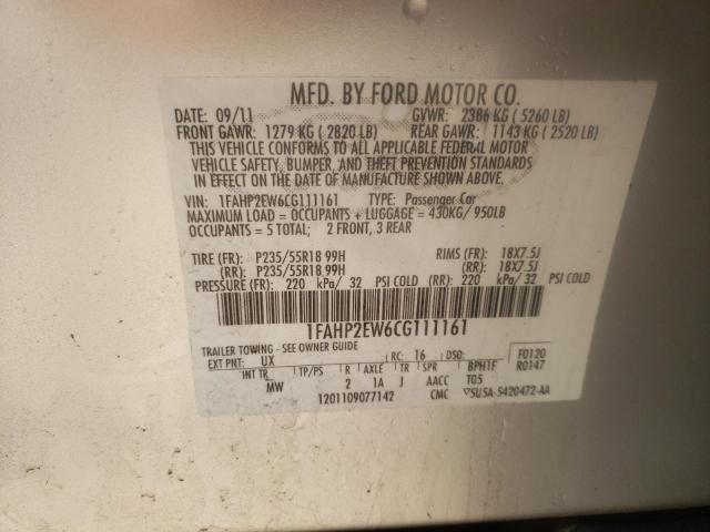 FORD TAURUS SEL 2012 with VIN 1FAHP2EW6CG111161 - Photo from auction